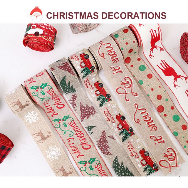 Maoww Christmas Ribbon Gift Wrapping Burlap Fabric Ribbon DIY Linen Xmas Tree Present Packaging Accessory, Type 4, 10m