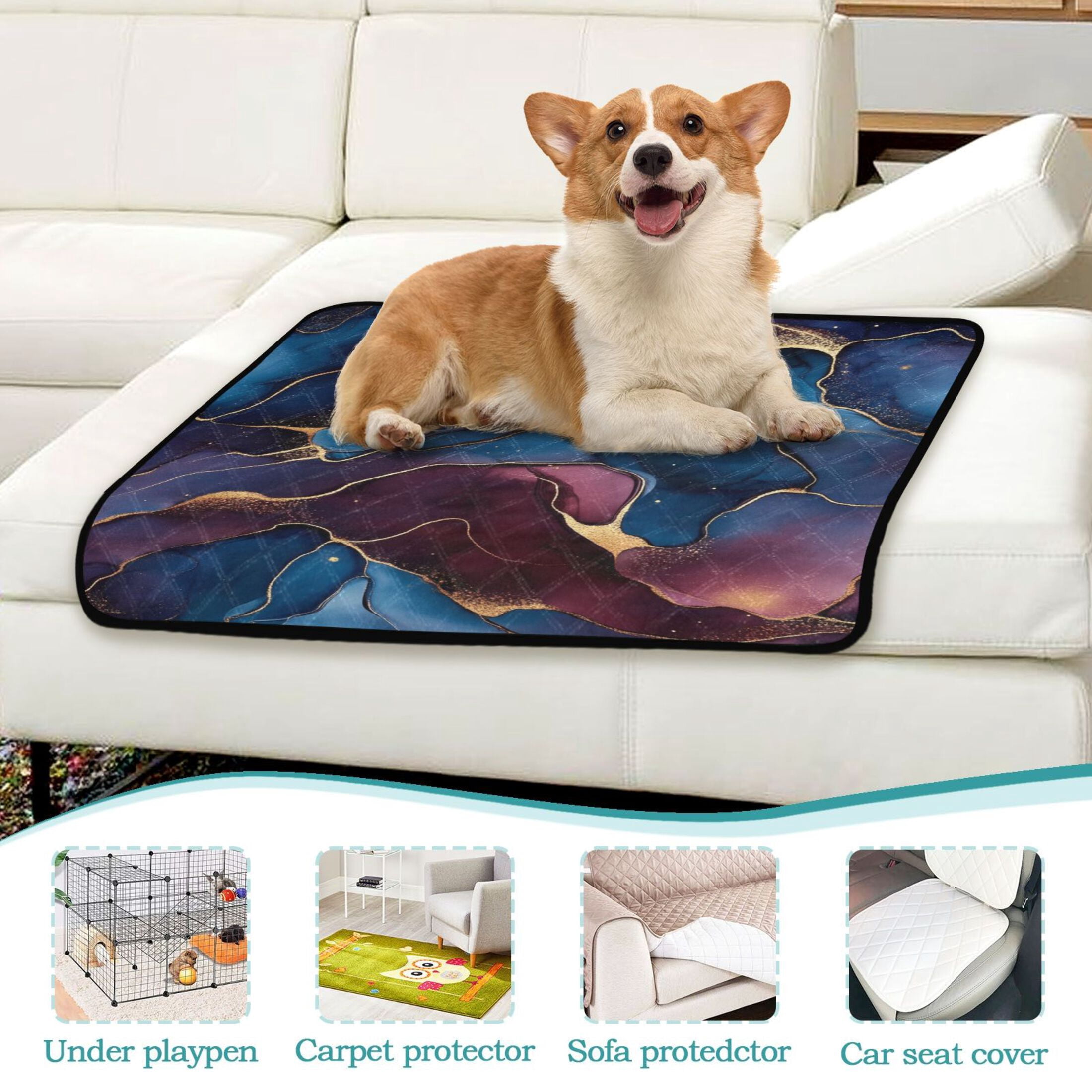 Qxltty Gilt Blue Pattern Cat litter Pads Pet Set of 3 Diaper Mats Center Anti-leakage Layer Absorbent Soft and Comfortable
