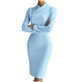 thumbnail image 2 of Women's Midi Pencil Dress Vintage Cocktail Long Sleeve Bodycon Business Office Mid-Calf Dresses Light Blue XXL, 2 of 6