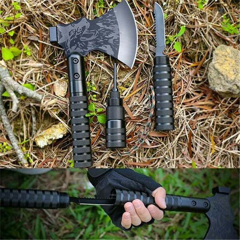 Dfito Camping Axes Kit,Outdoor Survival Tactical Hatchet w/ Sheath/ Hammer/Compass/Flint/Whistle/Fish Scaler Tool,Portable Camp AX Survival Gear for