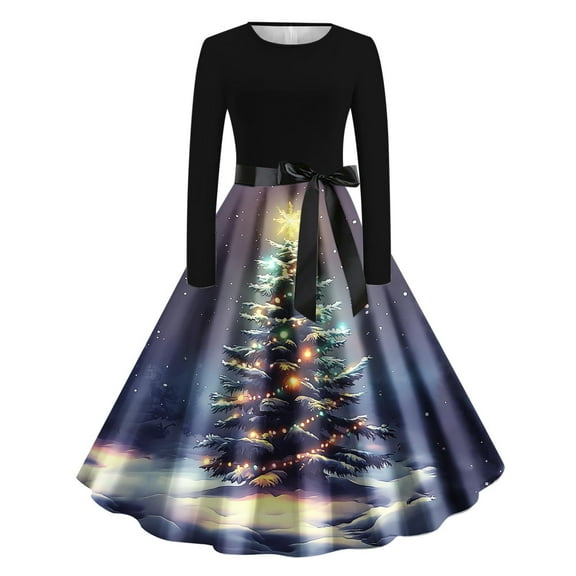 Women's Cocktail Dresses Midi Dress Christmas Long Sleeve Tie Waist Elegant Dresses Bow Party Cocktail A Line Flowy Dresses