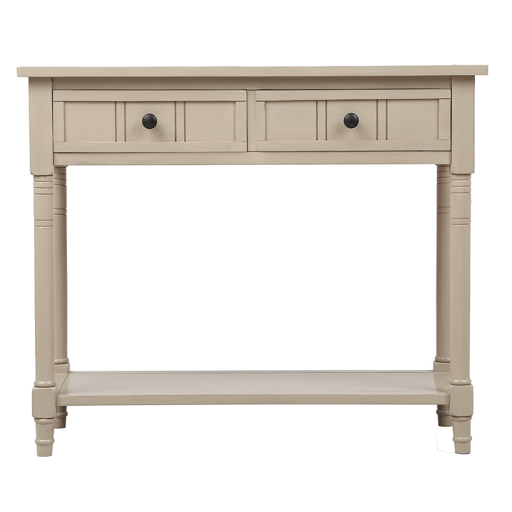 Kepooman Acacia Console Table with Bottom Shelf and 2 Drawers, Traditional Sofa Side Table for Living Room Bedroom, Retro Grey Kepooman Acacia Console Table with Bottom Shelf and 2 Drawers, Traditional Sofa Side Table for Living Room Bedroom, Retro Grey