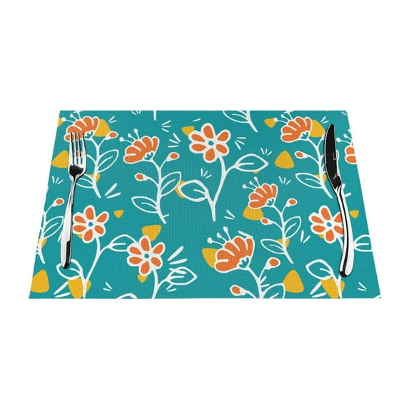 ZNDUO Placemats, 6 PCS Heat Resistant Stain Resistant Woven PVC Insulation Placemats, Durable Washable Elegant Table Mats for Dining-Green Flower Graffiti, 18"x12"