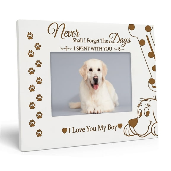 Darling Souvenir 4x6 Inches Horizontal Dog White Picture Frame - Pet Keepsake Tabletop Photo Holder with Acrylic Glass, Wooden Engraved Bereavement Memorial Gift for Doggy Lovers