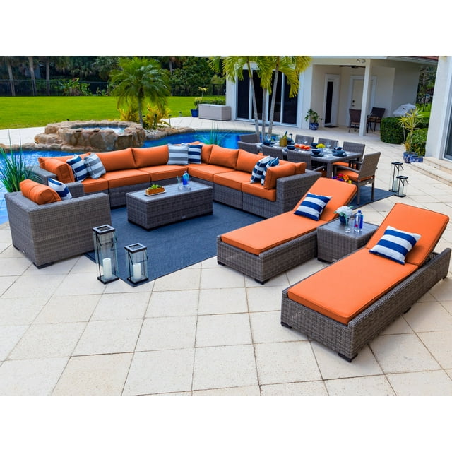 Tuscany 21-Piece Resin Wicker Outdoor Patio Furniture Combination Set with Sectional Set, Eight-seat Dining Set, and Chaise Lounge Set (Half-Round Gray Wicker, Sunbrella Canvas Tuscan)