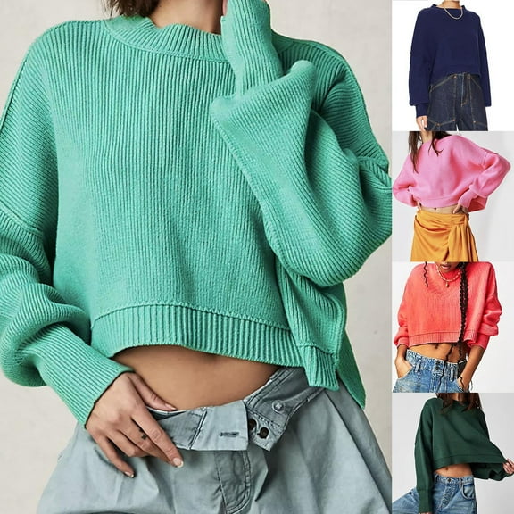 HAPIMO Women's Loose Basic Sweaters Crop Tops Fashion Crew Neck Sweatshirts Fall Long Sleeve Tees Solid Color Blouses Regular Fitted Casual Knitted Workout Green L