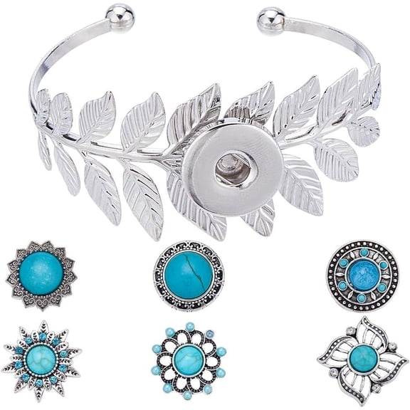 6 Styles Snap Button Bracelets Snap Jewelry Bracelet Charms Silver Tone Bangle Bracelet Making Kit Vintage Turquoise Gemstone Charm Open Cuff Bangle Blanks Settings for Women