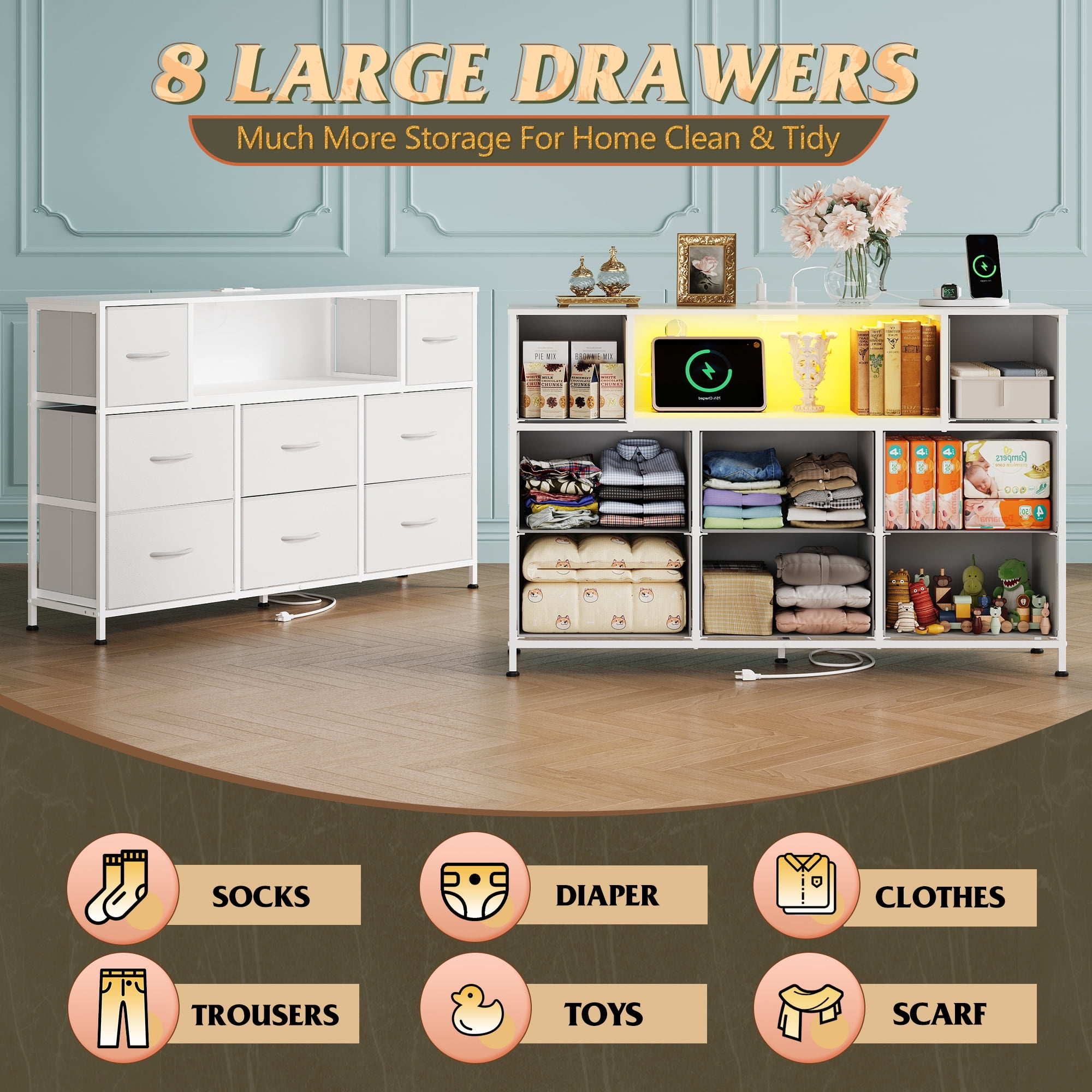 GALAXHERO 8-Drawer Dressers for Bedroom, Dresser TV Stand for 55'' TV with LED Lights and Power Outlets, Fabric Chest of Drawers for Living Room, Entryway, White