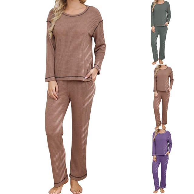 Sentmoon Women Pjs Sets Tops for Women and Womens Casual Pants Plus Size Crew Neck Womens Lounge Long Sleeve Solid Color Sleepwear for Women Fall for Family Matching Photos