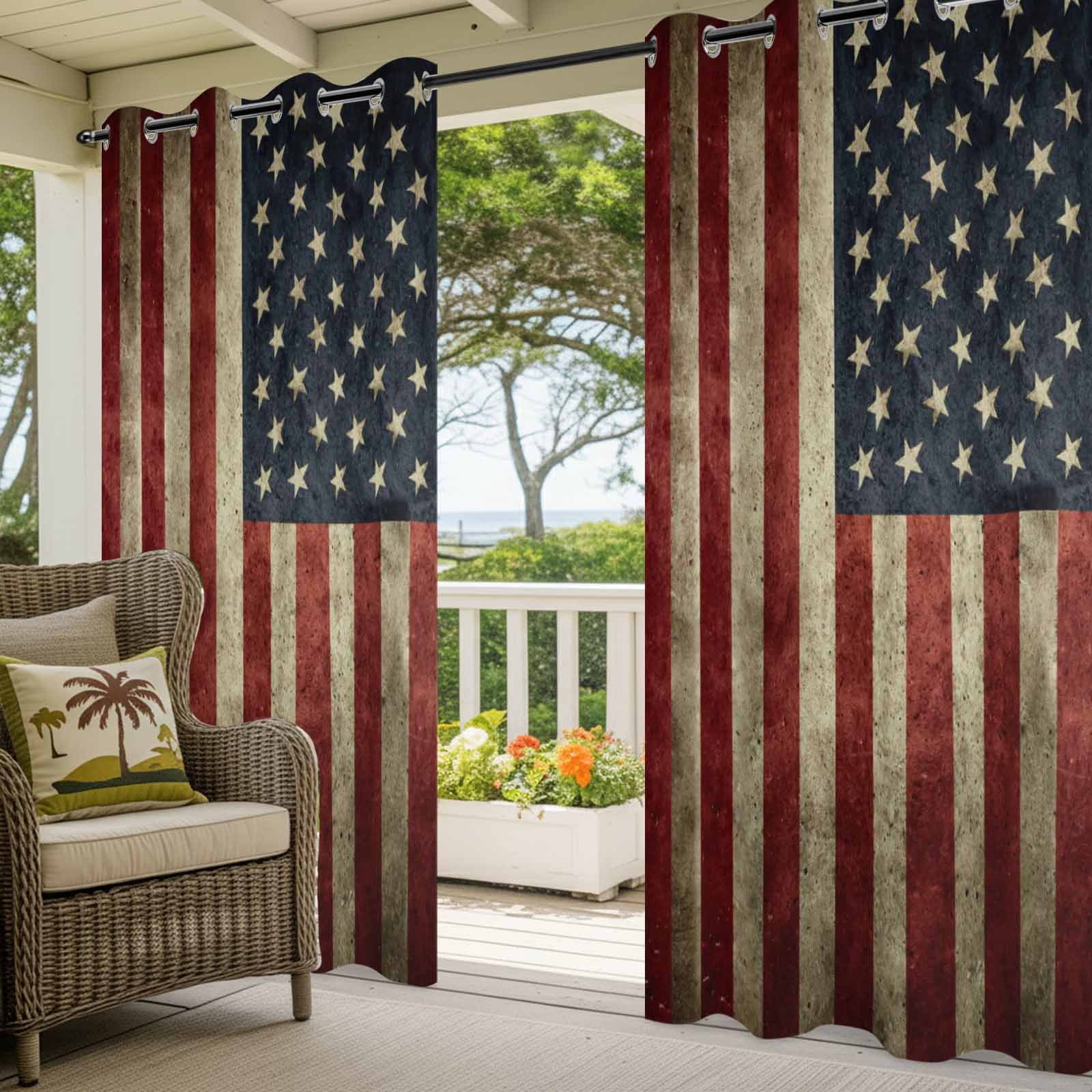 Vintage U.S. Flag Outdoor Curtains for Patio, Red White Striped Star Independence Day Sunshade Privacy Drapes Grommet Waterproof Outside Curtains for Porch/Cabana/Balcony 54"x 108", 1 Panel
