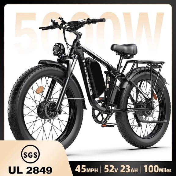 FENGQS 5000W Electric Bike for Adults, 52V 1196Wh Battery, 26"x4" Fat Tyre, Dual Hydraulic Disc Brake, Dual Motor Ebike, Full Suspension, 45MPH 100 Miles Maximum Range, UL 2849, Black