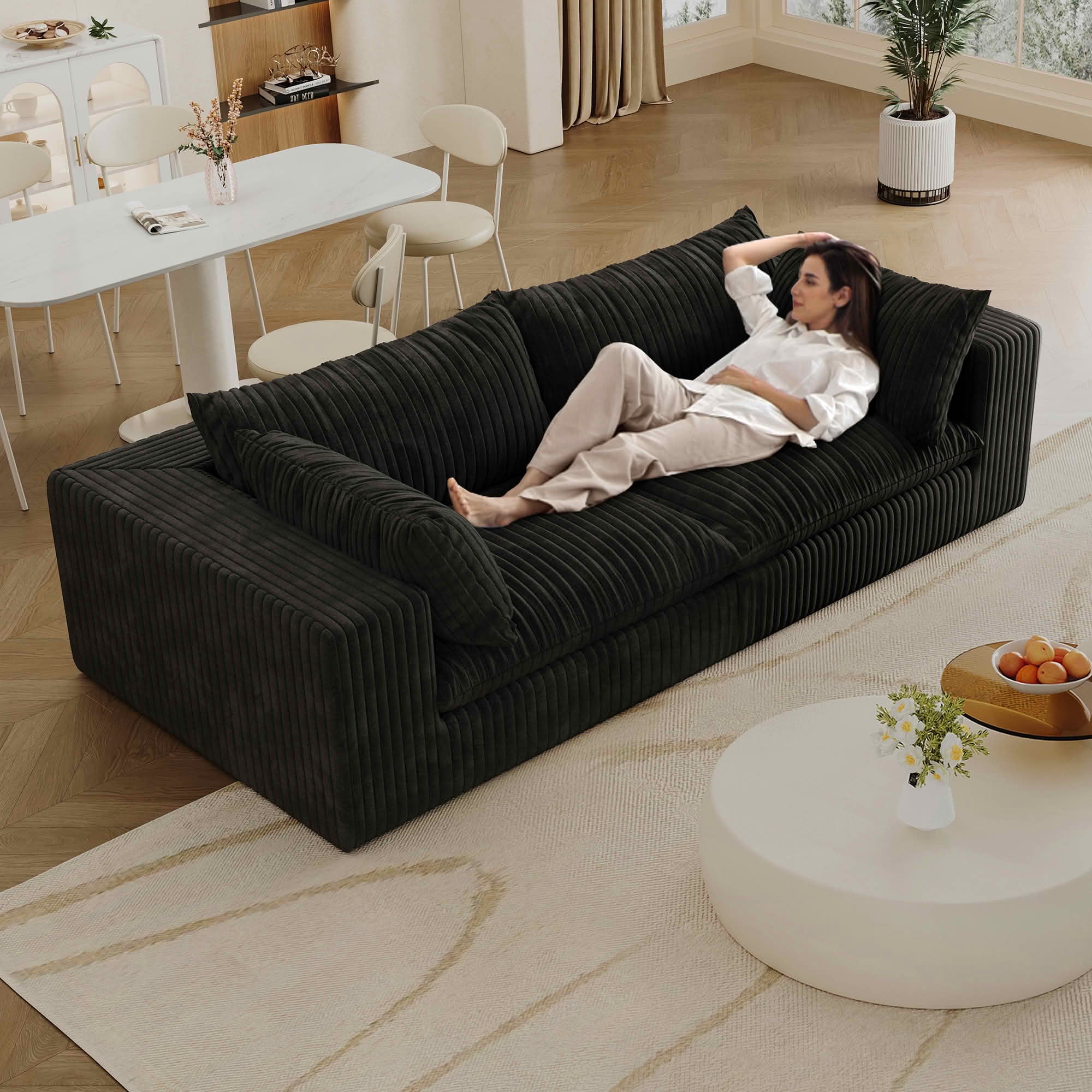 MAYEERTY 78.8" 2-Seat Corduroy Sofa, Feather-Filled Cushion Modular Design, Full Sponge Support No Wooden Frame, No Assembly, Black