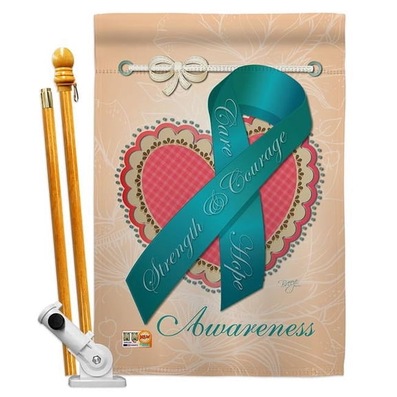 Breeze Decor BD-ST-HS-115095-IP-BO-D-US14-BD 28 x 40 in. Ovarian Awaress Inspirational Support Impressions Decorative Vertical Double Sided House Flag Set with Pole Bracket Hardware