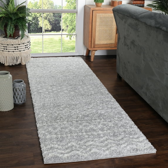 Abstract Stripe Plush Polypropylene Indoor Shag Runner Rug - 2’ 7” x 8', Cream-Gray
