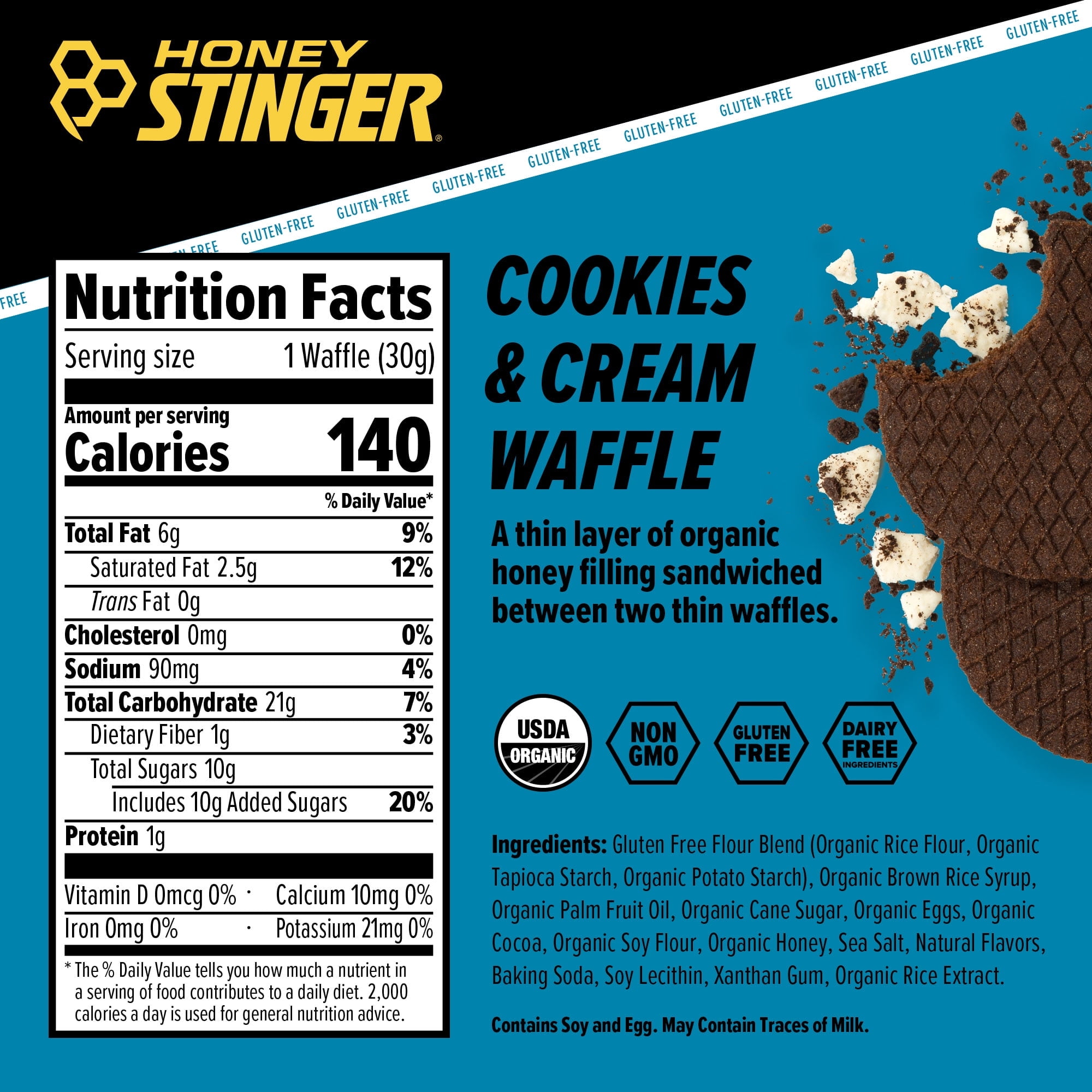 (4 pack) Honey Stinger Organic Gluten-Free Energy Waffle Snack, Cookies & Cream, 1.06 oz, 6 Count