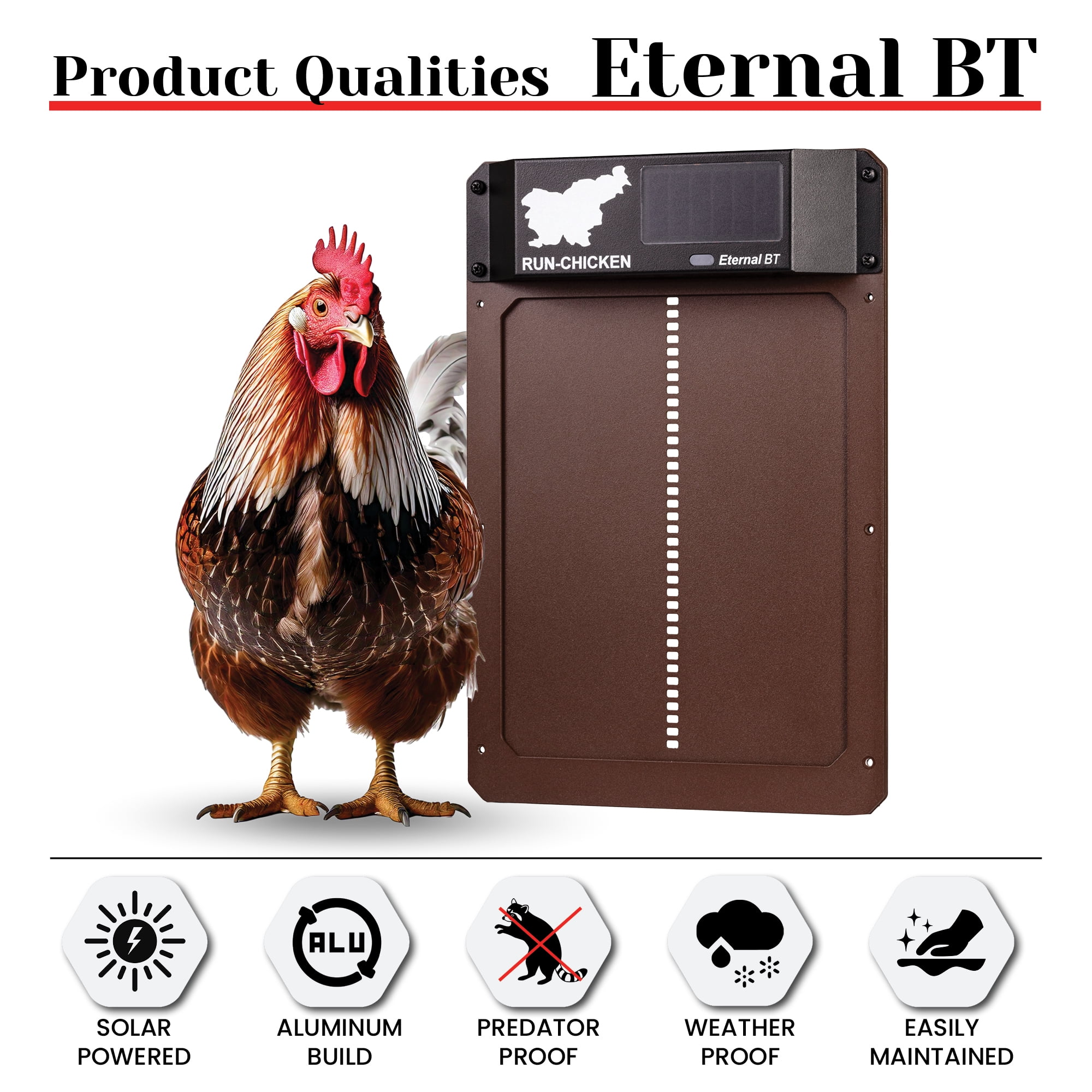 Eternal BT RUN-CHICKEN Door – Solar-Powered Automatic Coop Door with Bluetooth Control (Brown)