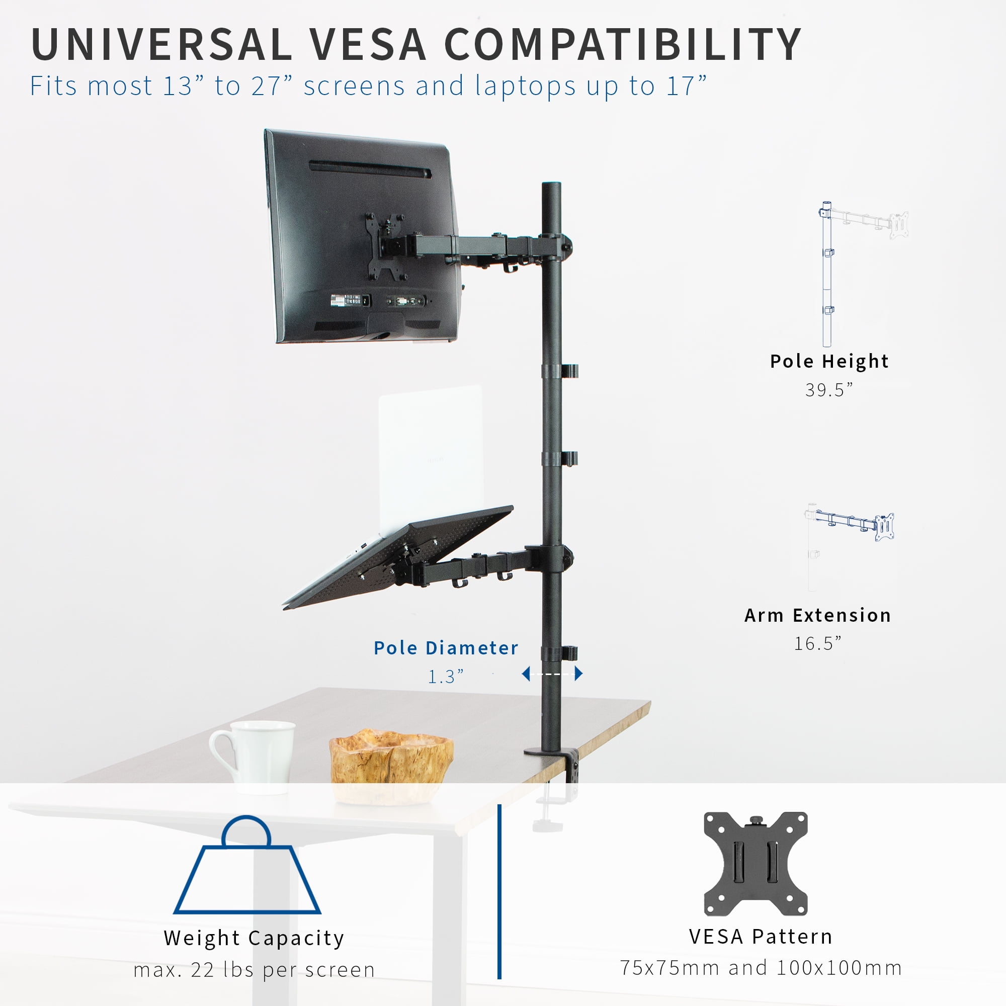 VIVO Dual 13" to 27" Monitor Mount with Laptop Holder, Tall Adjustable Stand