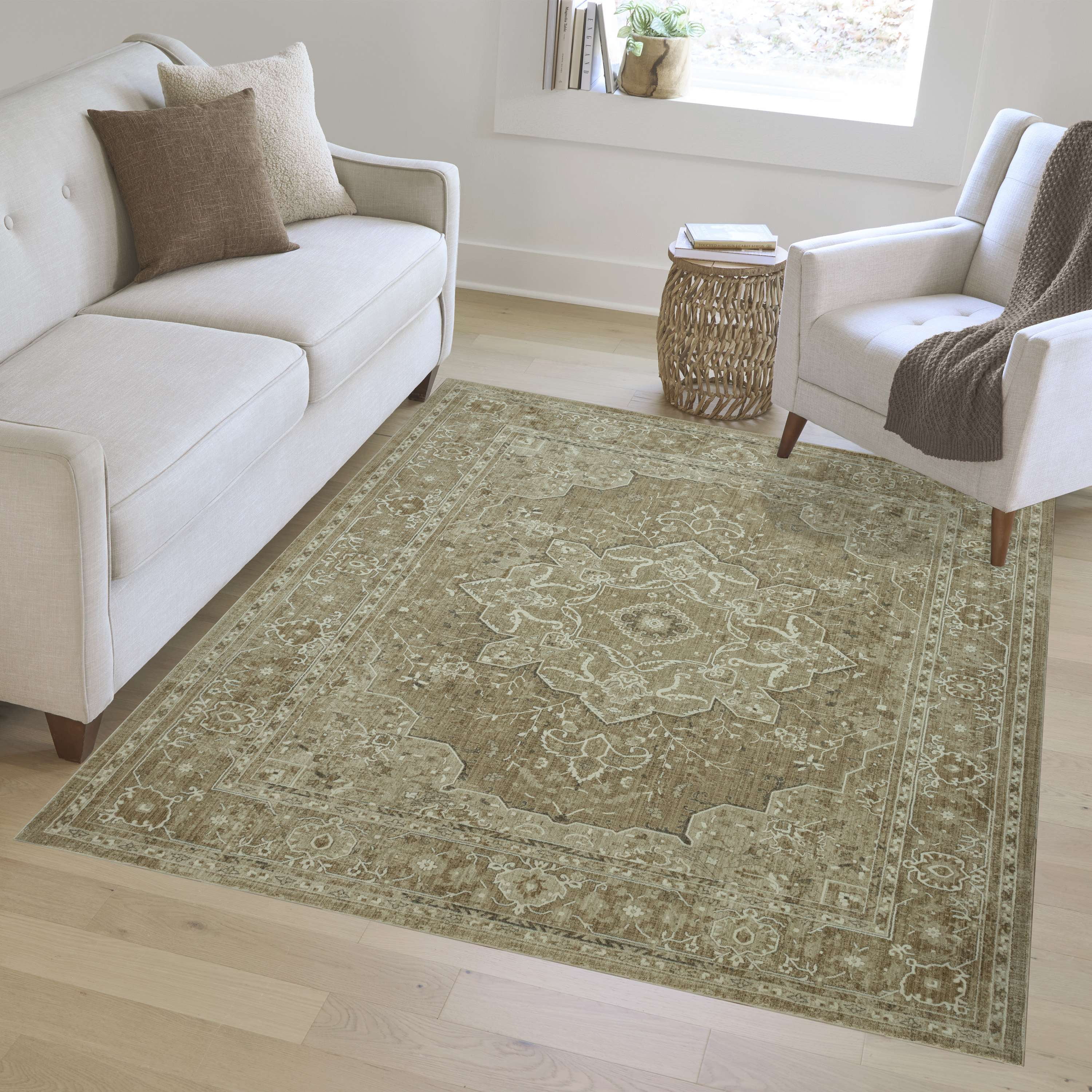 Mainstays Traditional Plush Beige Medallion Indoor Area Rug, 7' 9" x 10'