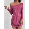 thumbnail image 6 of Womens One Shoulder Tunic Long Sleeve Solid Twist Hem Mini Dress Dressy Casual Loose Spring Summer Dress Rose Red S, 6 of 9