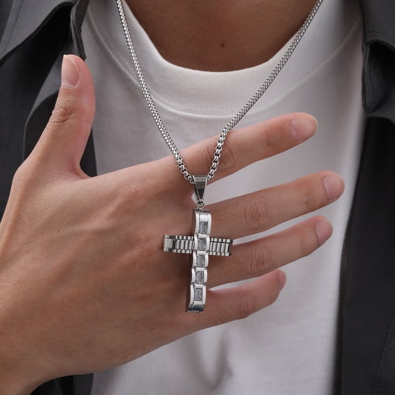 Chunky Cross Necklace for Men, Big Zircon Stones Cross 14K White Gold Necklace for Men Lord's Prayer Catholic Faith Jewelry Gift