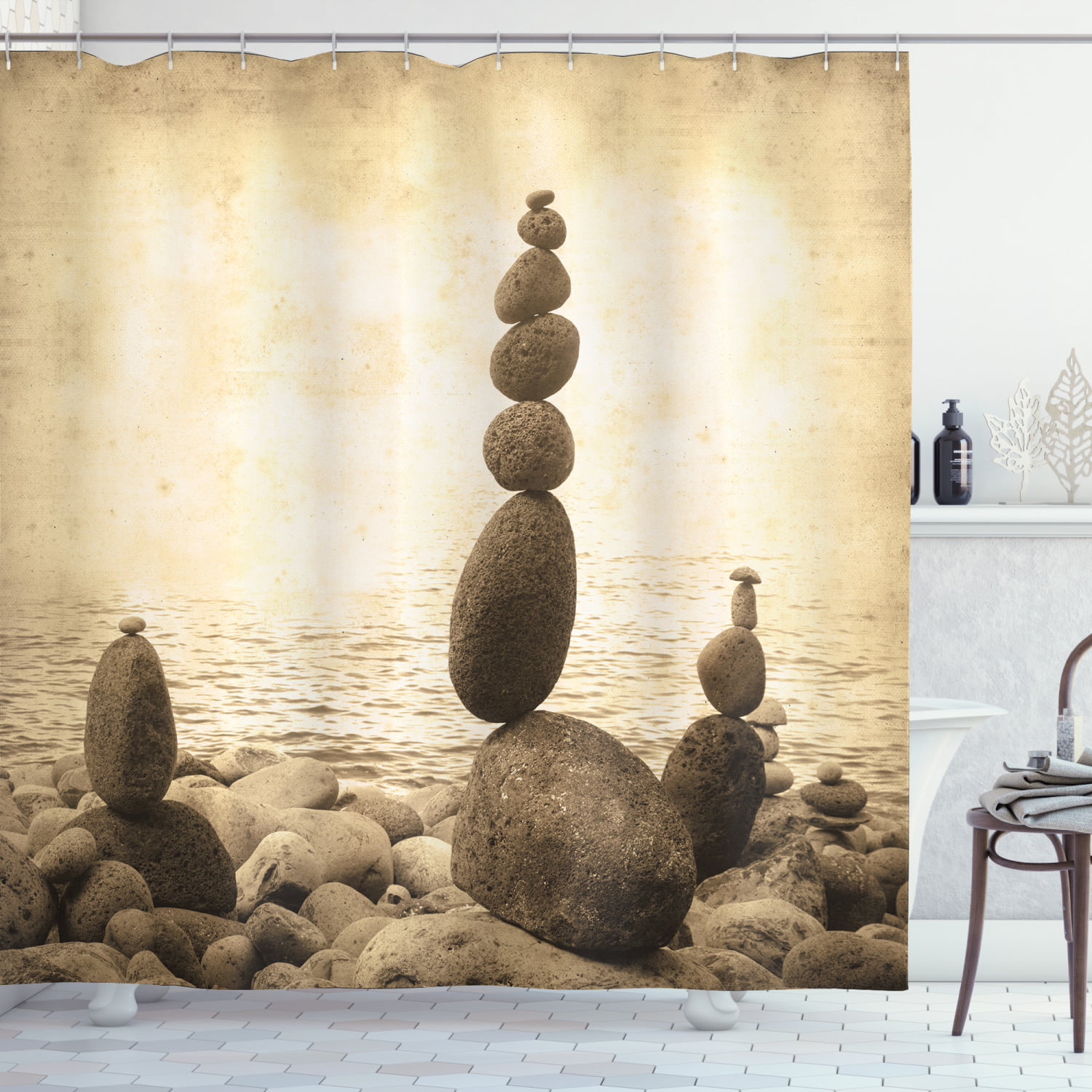 Zen Sand Pebble  Waterproof Polyester Bathroom Shower Curtain With Free 12 Hooks 