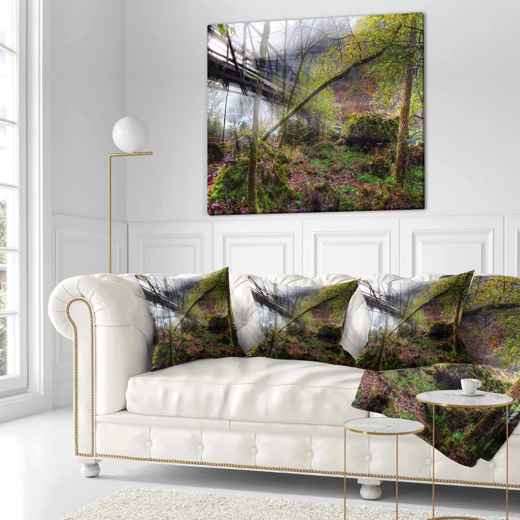 Designart Creek and Bridge with Sunbeams - Landscape Photography Throw Pillow - 16x16