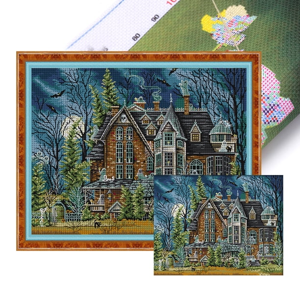 Hilo Algodón Bordado Punto Cruz Con Castillo Oscuro 14CT 59x46cm