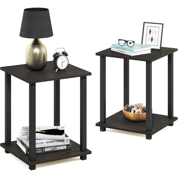SIMPLISTIC Side Table Set of 2, 2-Tier Square Modern End Table, Nightstand, Night Stand, Bedside Table, Toolless Assembly, for Living Room, Bedroom, Espresso