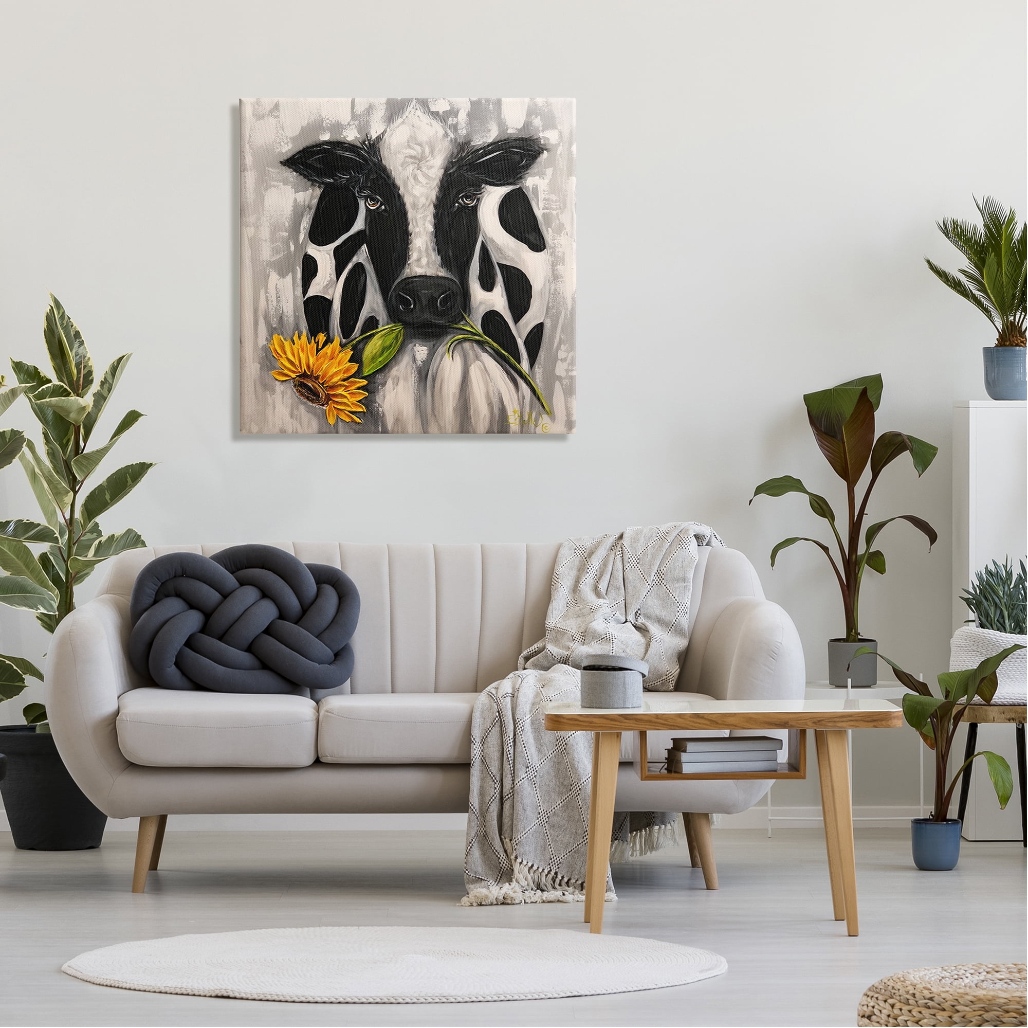 Stupell Industries Cow & Sunflower Painting Animals & Insects Painting Gallery Wrapped Canvas Art Print Wall Art, 30 x 30