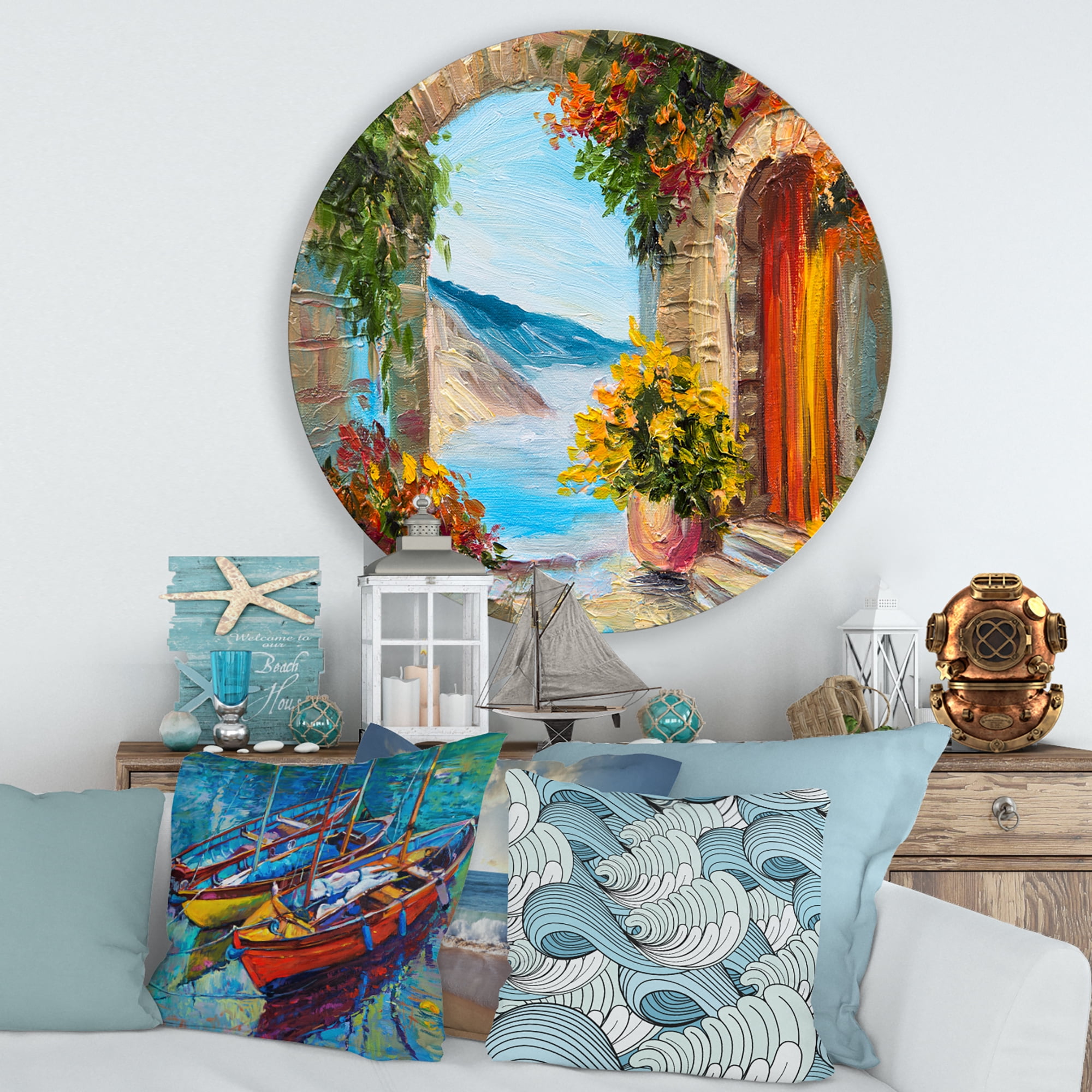 Designart 'House With Colorful Flowers Near The Sea Summer Season' Nautical & Coastal Circle Metal Wall Art 36x36 - Disc of 36