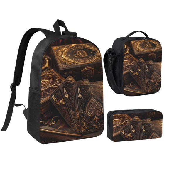 Victorian Style Deck Of Cards Print 17-inch Laptop Backpack 3-Piece Set with Insulated Lunch Bag and Accessory Pouch, Rucksack for Teens Adults