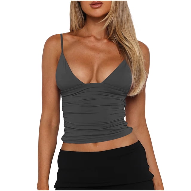 JGGSPWM Women Spaghetti Straps Ruched Deep V Neck Sleeveless Double Lined Slim Fitted Crop Top Tank Tops Dark Gray M