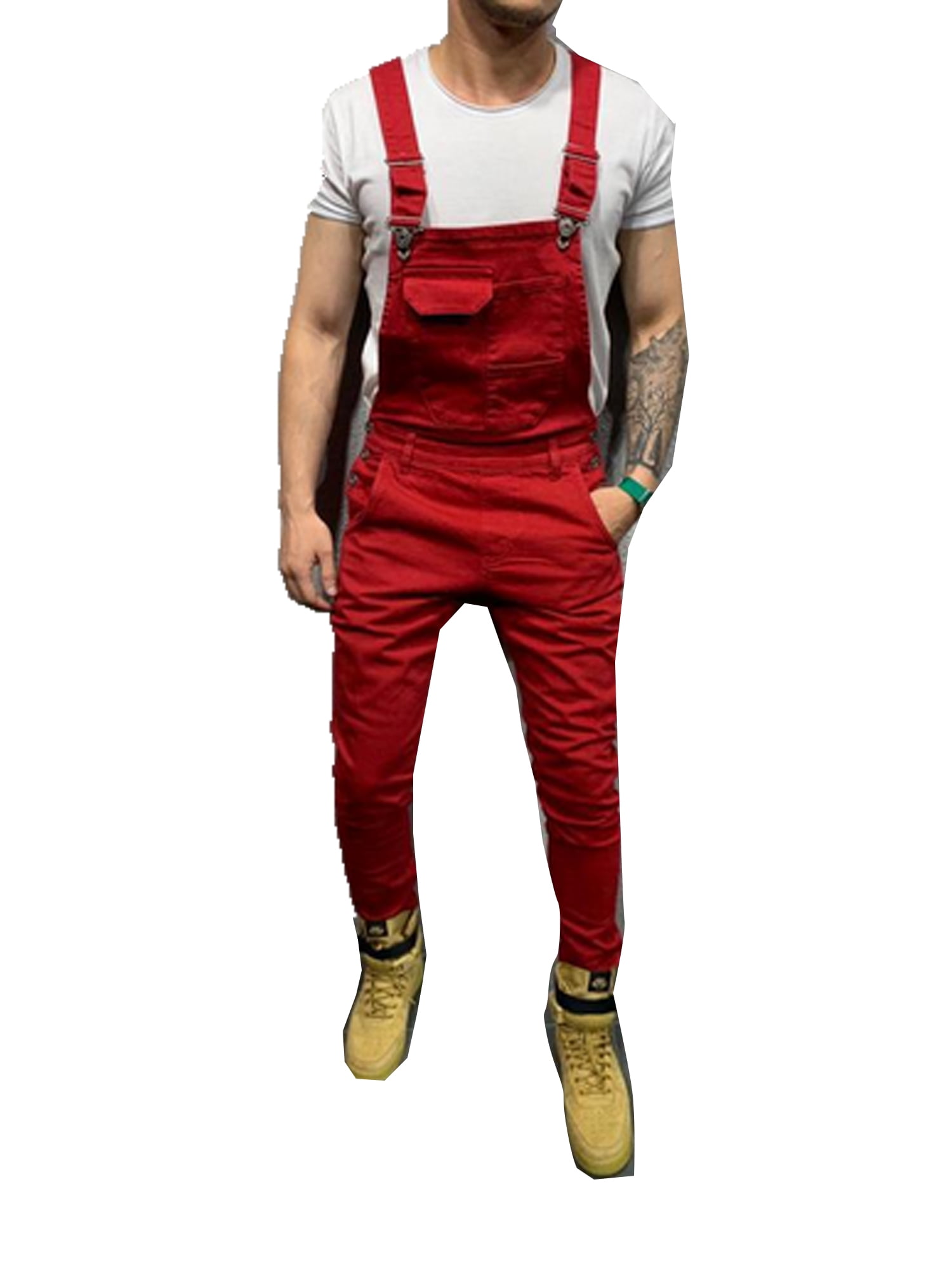 Diconna Men Bib Overalls Pants Male Solid Casual Long Pants Red L ...