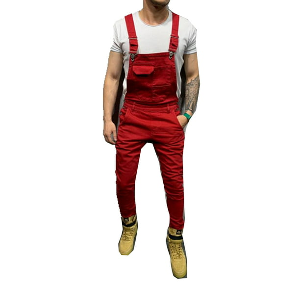 Diconna Men Bib Overalls Pants Male Solid Casual Long Pants Red L ...