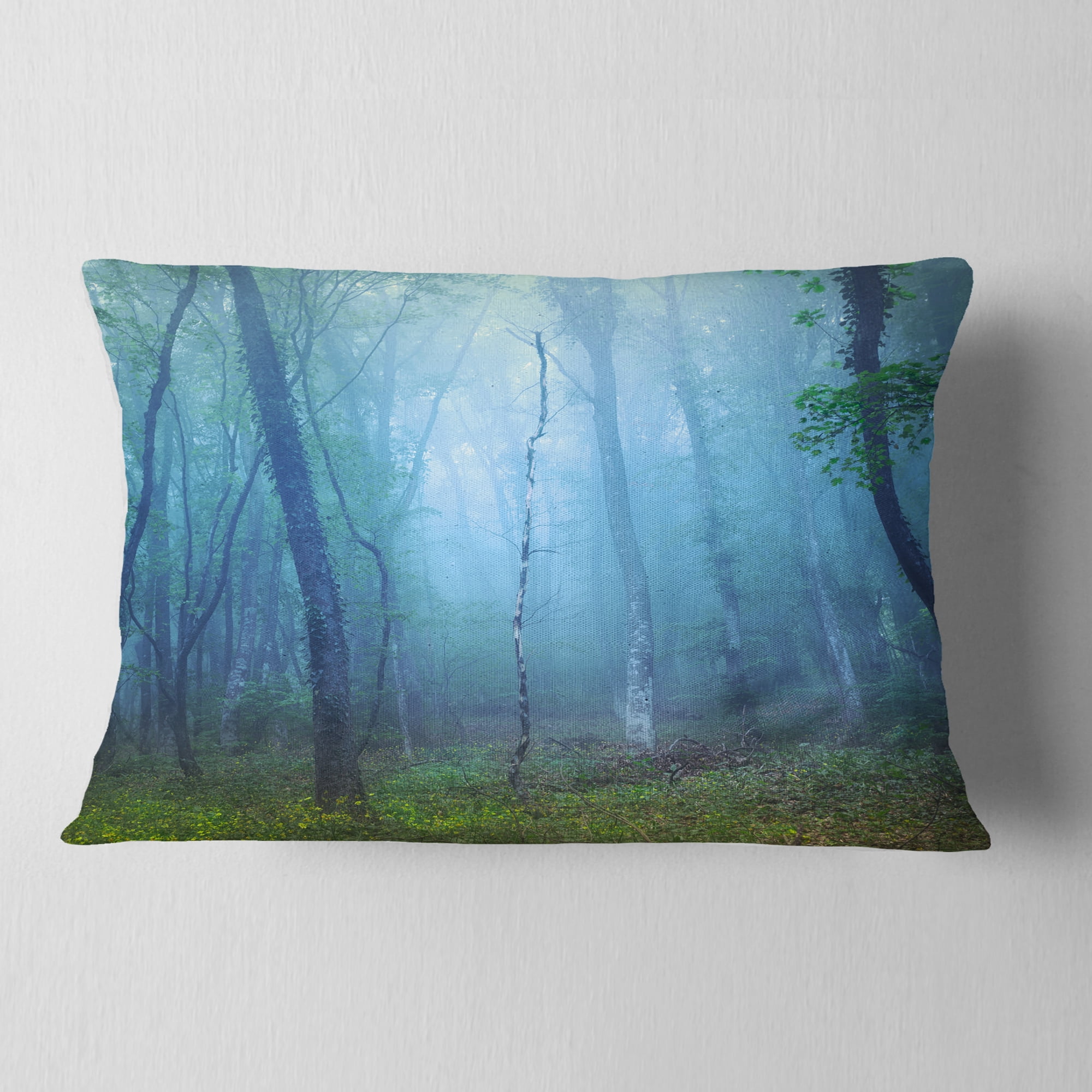 Designart Dark Foggy Forest Trees - Landscape Photography Throw Pillow - 12x20