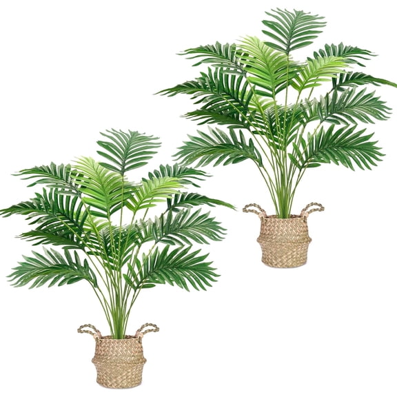 Miracliy 2‑Pack Artificial Areca Palm Plant, Fake Palm Tree with Moss, Black Pot and Handle Basket, Faux Greenery Decor for Home Office Indoor