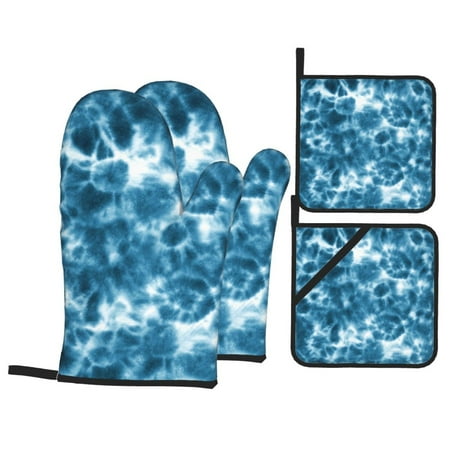 

Oven Mitts and Pot Holders Sets 4 pcs Blue Tie Dye Non-Slip Oven Gloves Potholders Soft Quilted Lining Heat Resistant Gloves Hot Pads for Kitchen Cooking Baking