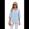 thumbnail image 2 of Blusas Elegantes e Informales para Mujer, con Mangas 3/4, Cuello en V y Volantes, Color Azul , Talla S, 2 of 9
