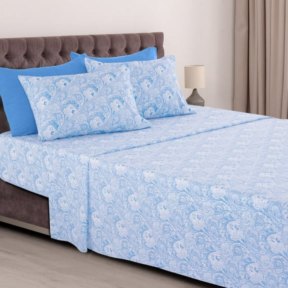 Lux Decor Collection Paisley Printed Queen Bed Sheets Set, Microfiber 6 Piece Bedding Set - White Blue
