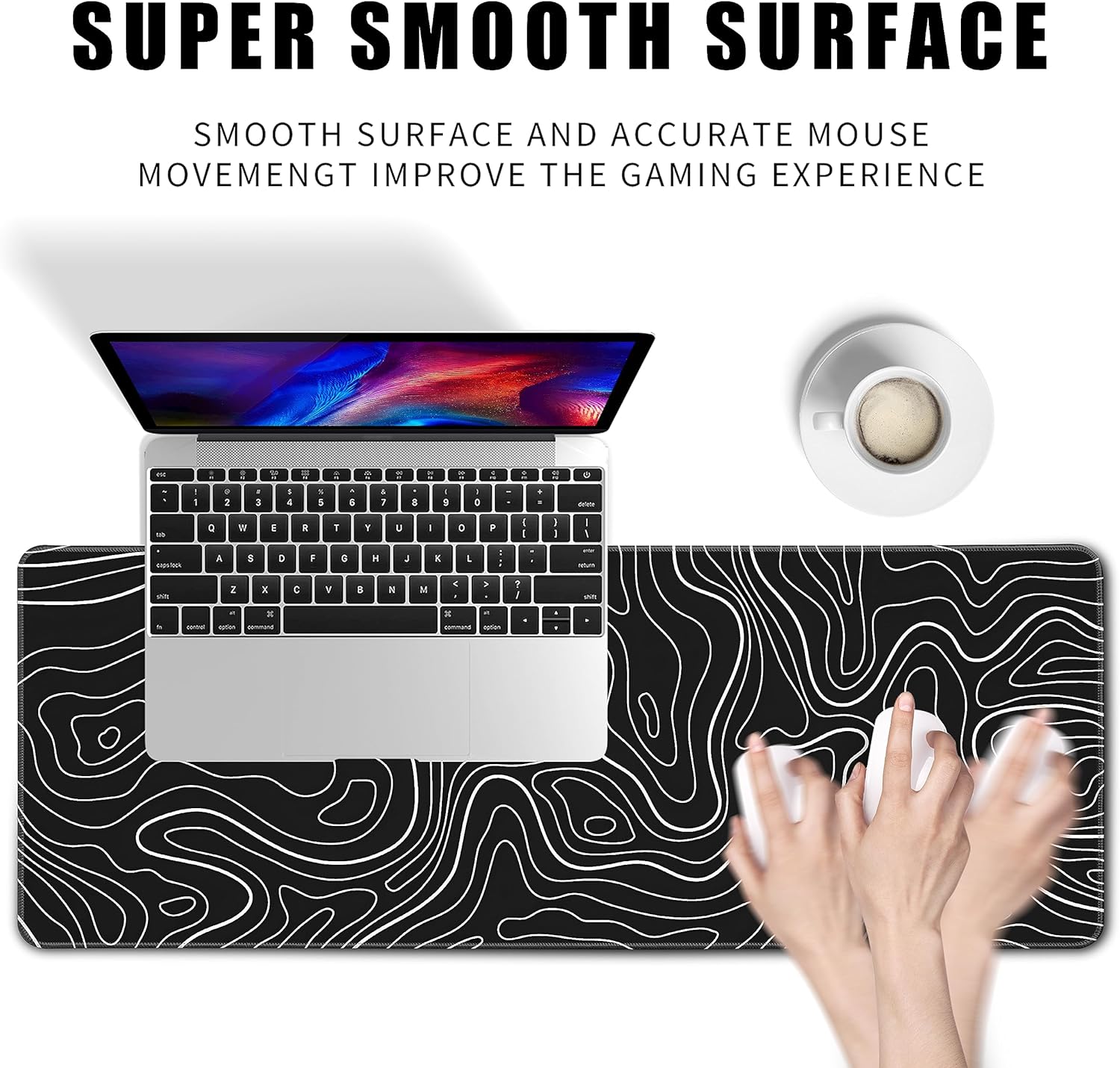 Topographic Contour Gaming Mouse Pad，Large XL Mouse Pad Big Mouse mat,Long Computer Keyboard with 3mm Non-Slip Base and Stitched Edge for Gaming Home Office Work，31.5x11.8in
