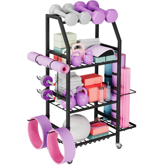 Dumbbell Rack, 4 Tier Weight Rack for Home Gym, Yoga Mat Storage Holder with Lockable Wheels, Dumbbell Stand with Hooks, All in One Work out Equipment Storage for Yoga Mat Dumbbell and Balls