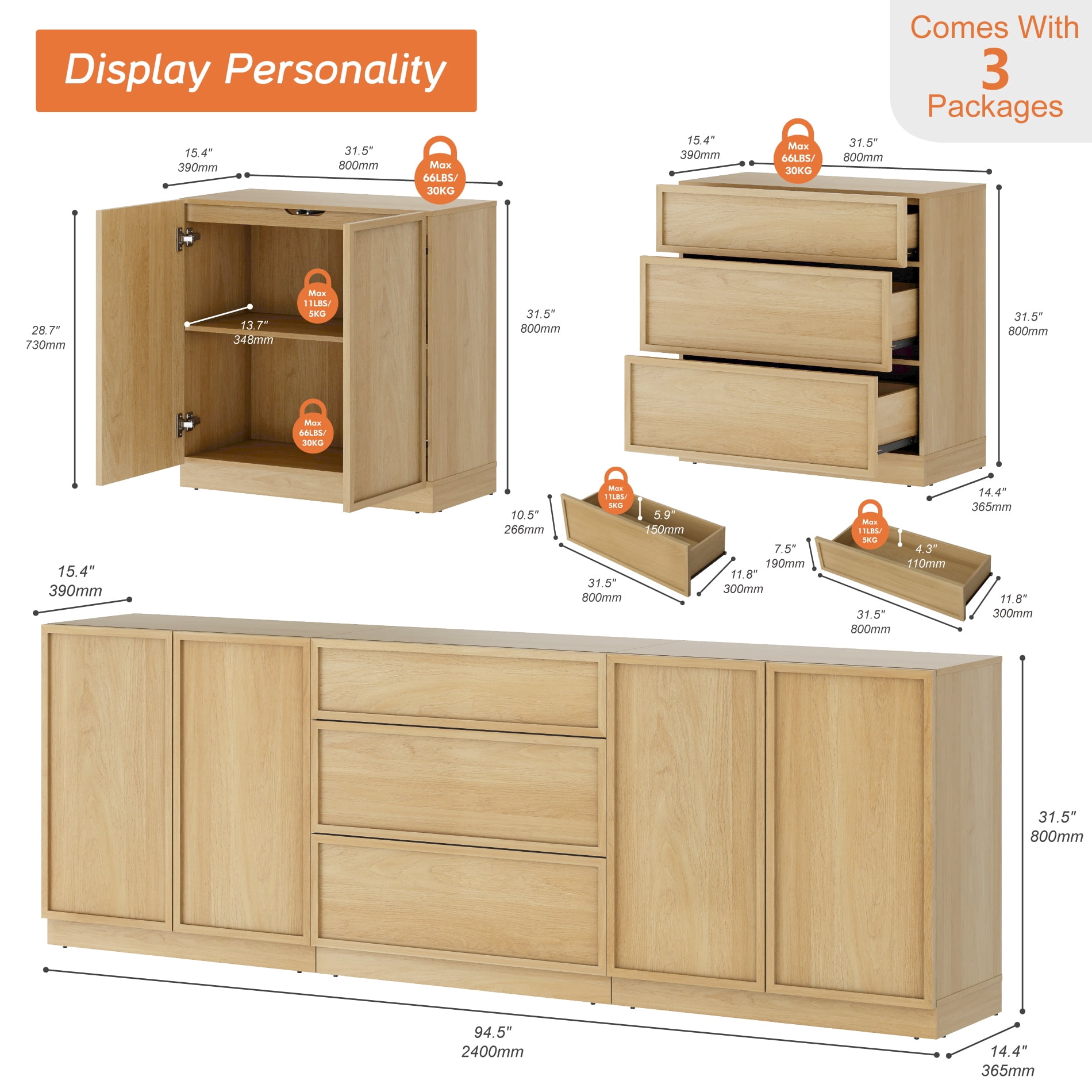 Modern Wood Dresser with 3 Drawers & 2 Adjustable Shelves, 94.5"W Storage Chest with Full Floor Base, Minimalist Organizer for Bedroom Living Room