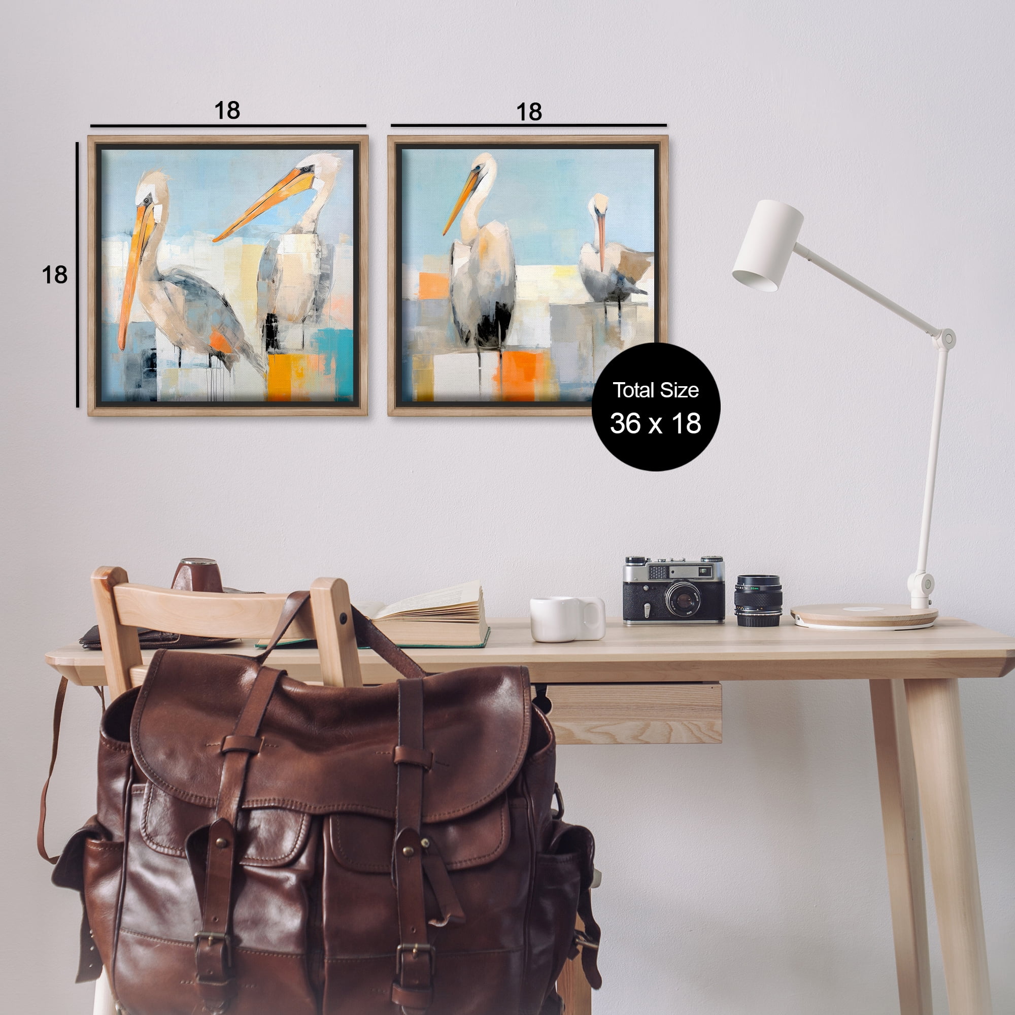 Stupell Industries Abstract Color Block Pelican Pair Animals Painting Brown Floater Framed Canvas Art Print Wall Art, 18 x 18, Set of 2