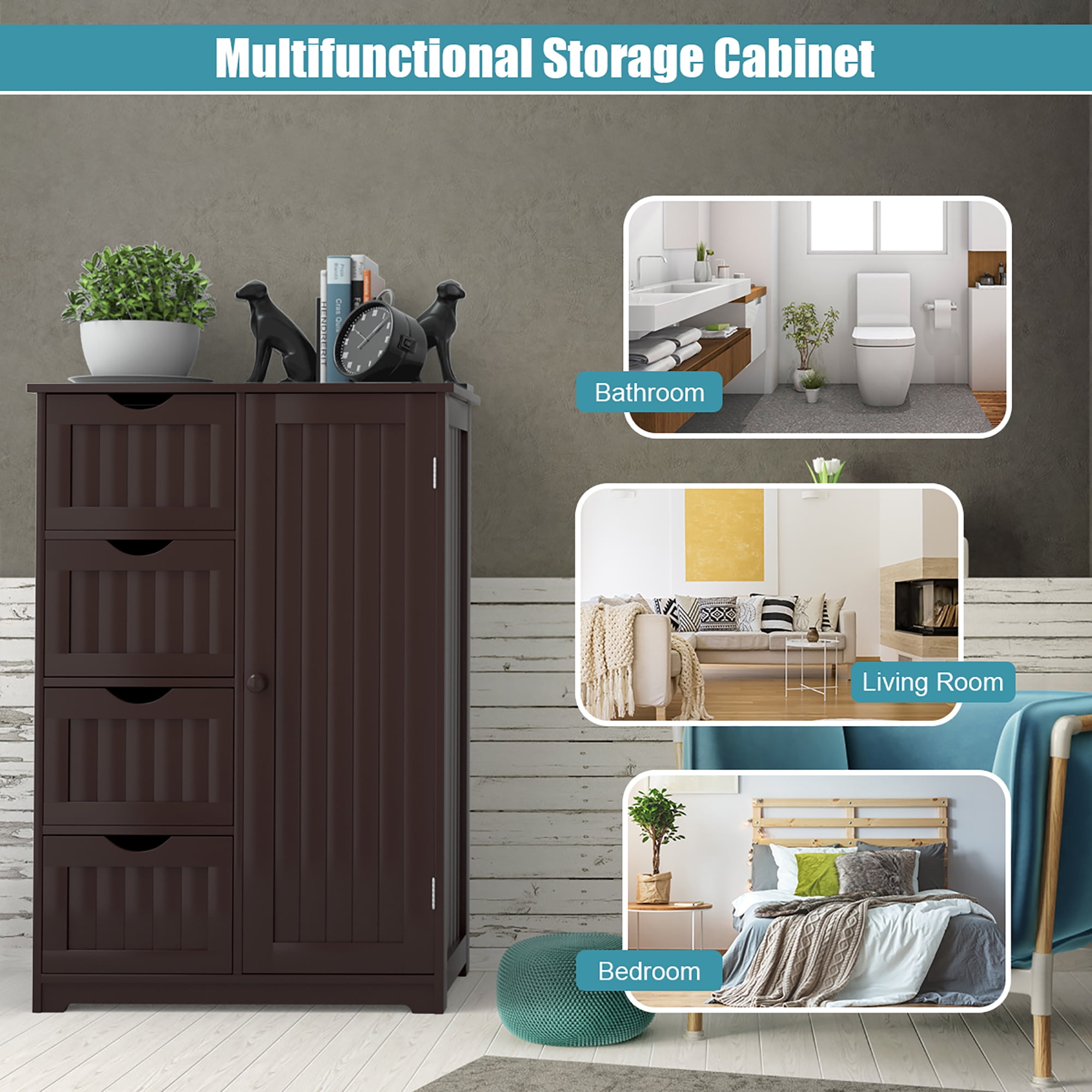 Costway Bathroom Storage Wooden 4 Drawer Cabinet Cupboard 2 Shelves Free Standing Brown  (图3)