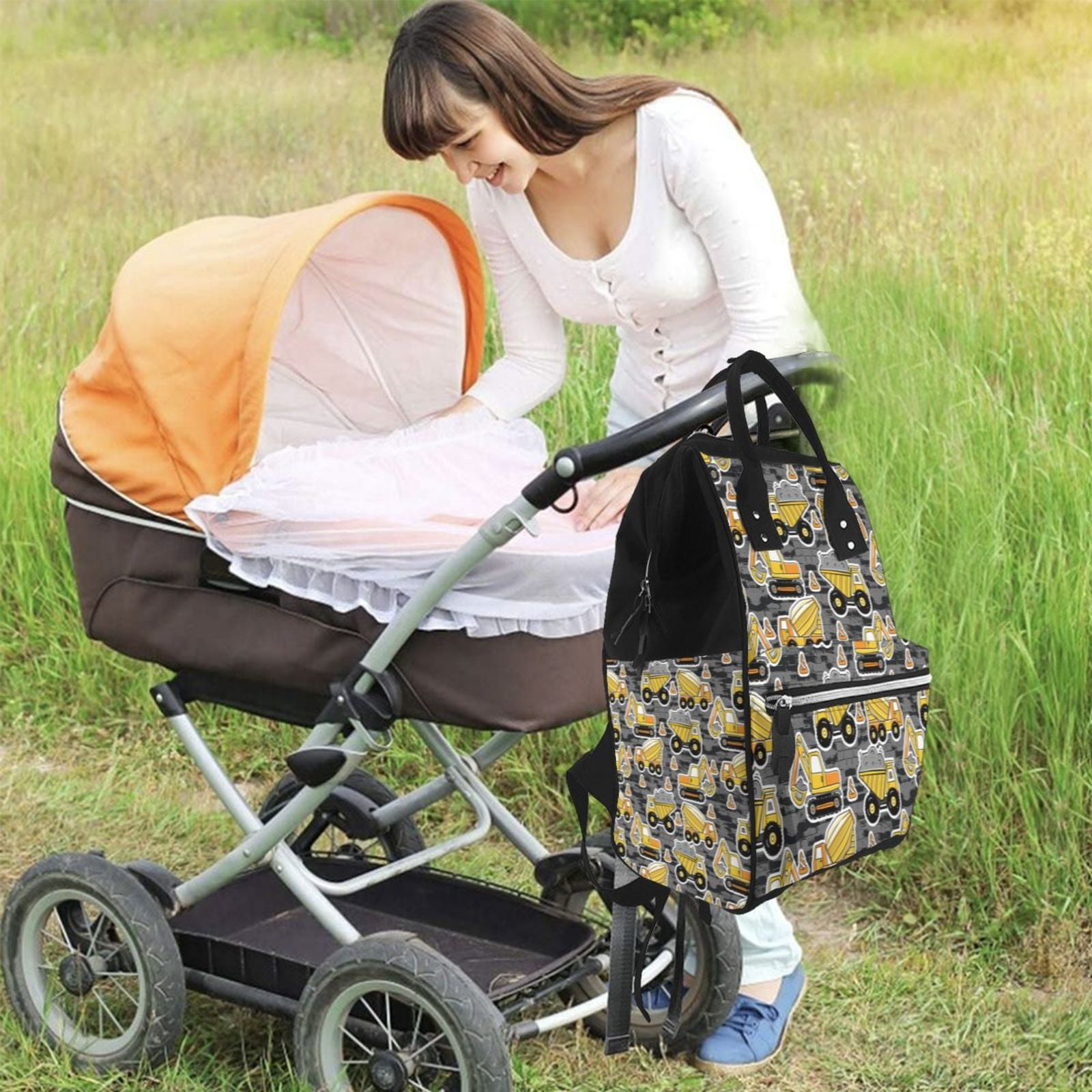 Ratiio Excavator At Work Mummy Backpack - Waterproof Twill Canvas, Large Capacity Diaper Bag with Multiple Pockets and Adjustable Straps
