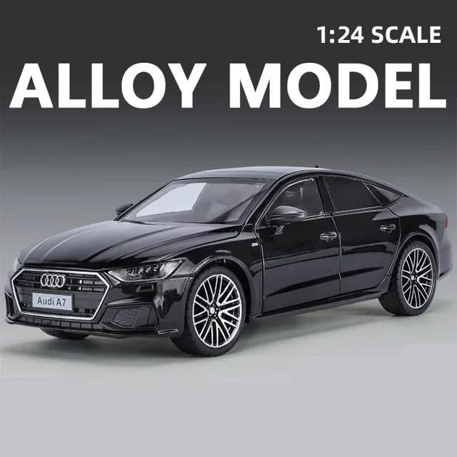 1:24 Audi A7 Toy Car Model Diecast Alloy Vehicle Miniature Pull Back Sound & Light Doors Openable Collection Gift For Boy Kid black no box