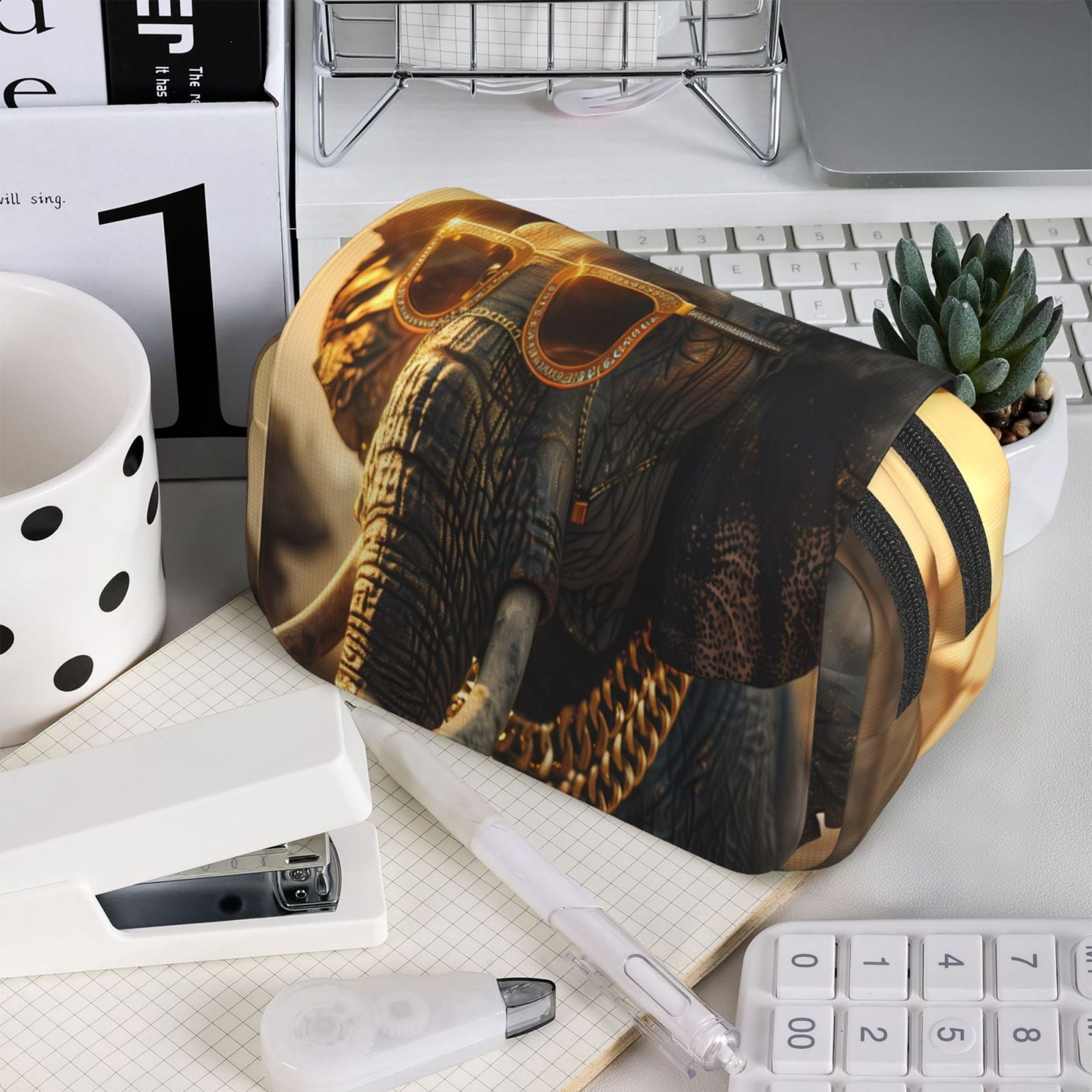 Rateoe Cool Sunglasses Elephant Art Pattern Double Clamshell Pen Case, Storage Organizer with Two Zipper Compartments– Holds Up to 50 Pencils & Pens
