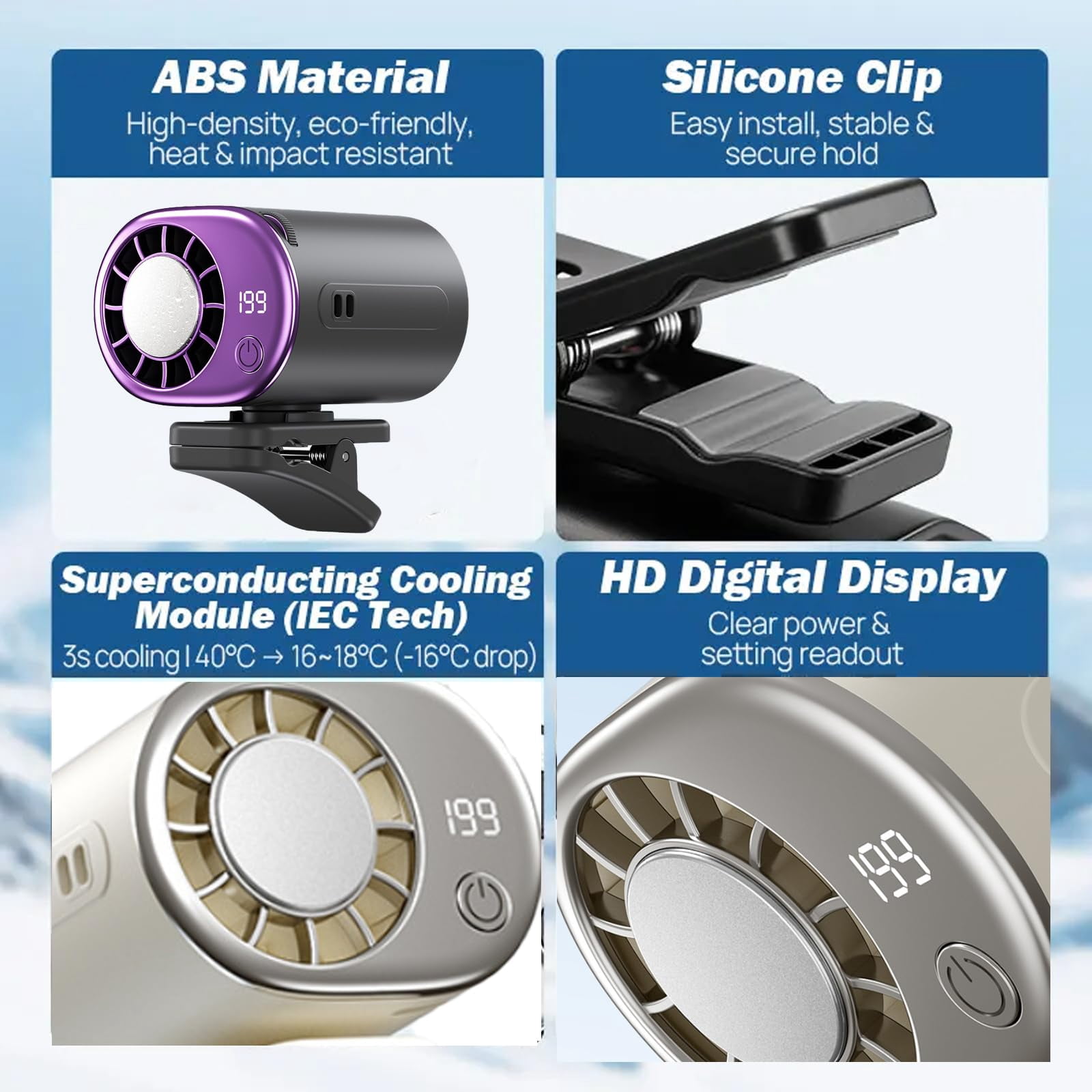 Clip On Air Conditioner For Car - Clip On AC For Car, 360° Rotation, LED Display, 199 Speeds, USB Rechargeable 2000mAh Cooling Fan