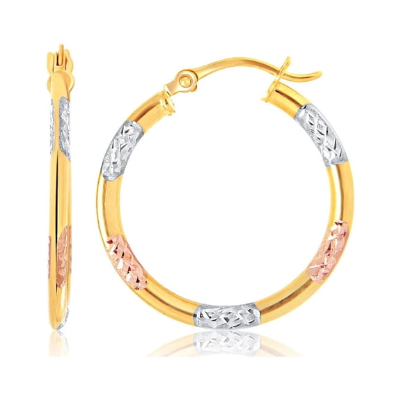 14k Tri-Color Gold Classic Hoop Earrings with Diamond Cut Details