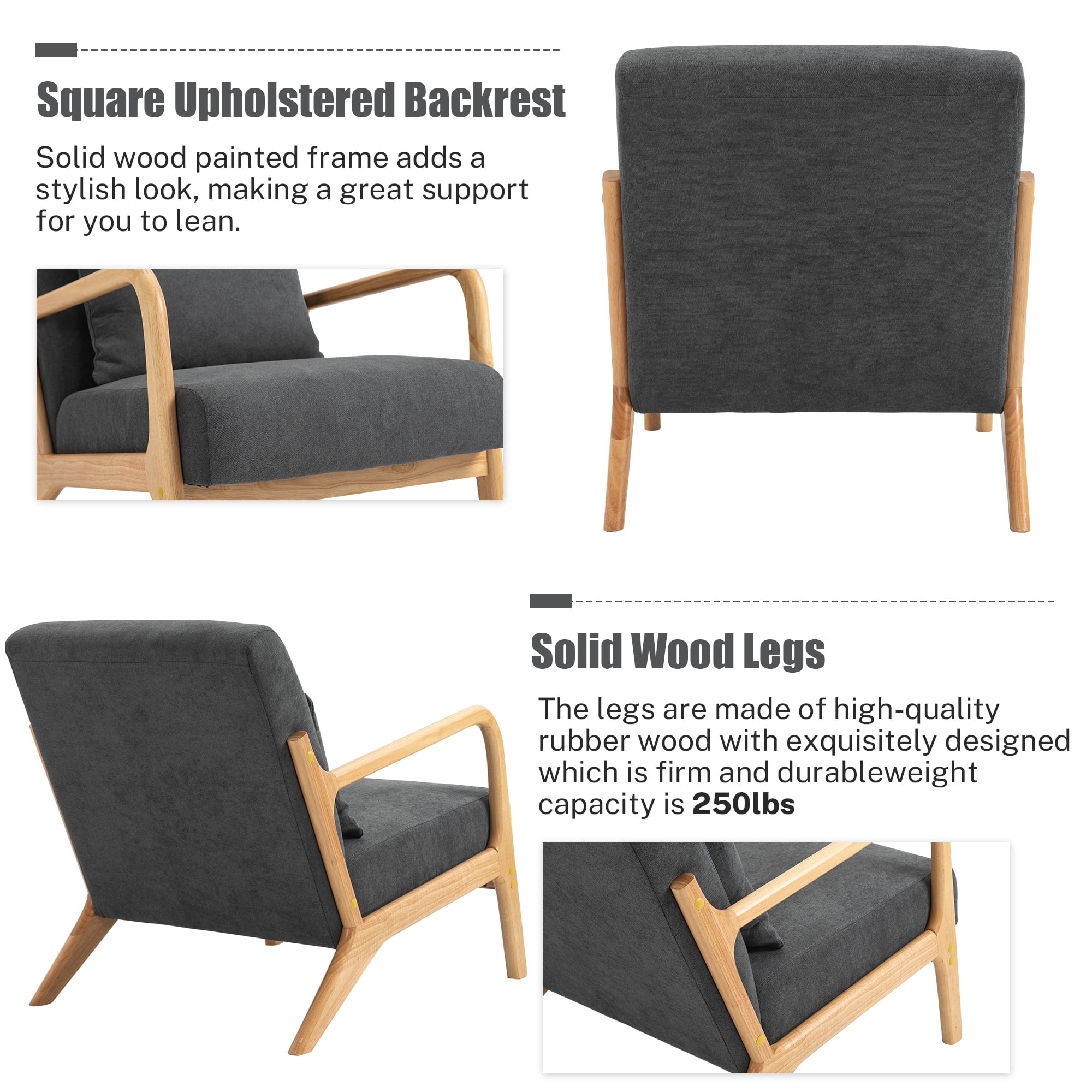 PAPROOS Mid-Century Modern Accent Chair, Velvet Fabric Arm Chair with Wood Frame and Pillow, Upholstered Armchair Comfort Reading Chair Lounge Chair for Living Room Bedroom Sunroom, Gray